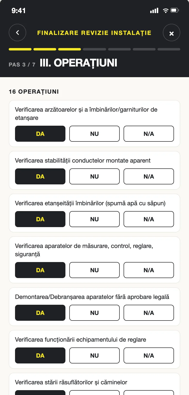 Installation inspection wizard on a phone, Operations step