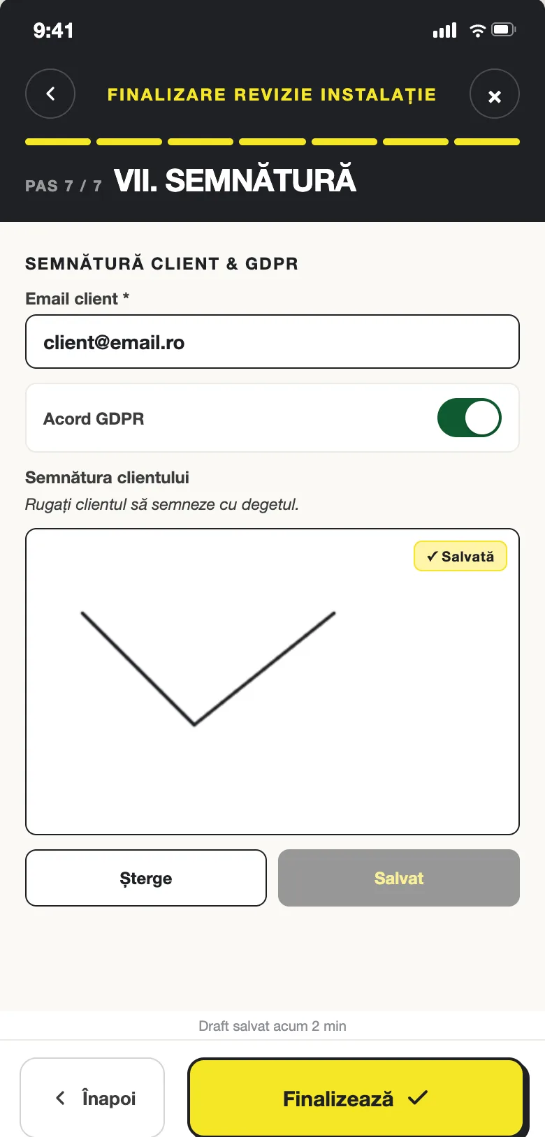 Installation inspection wizard, client signature and GDPR consent step