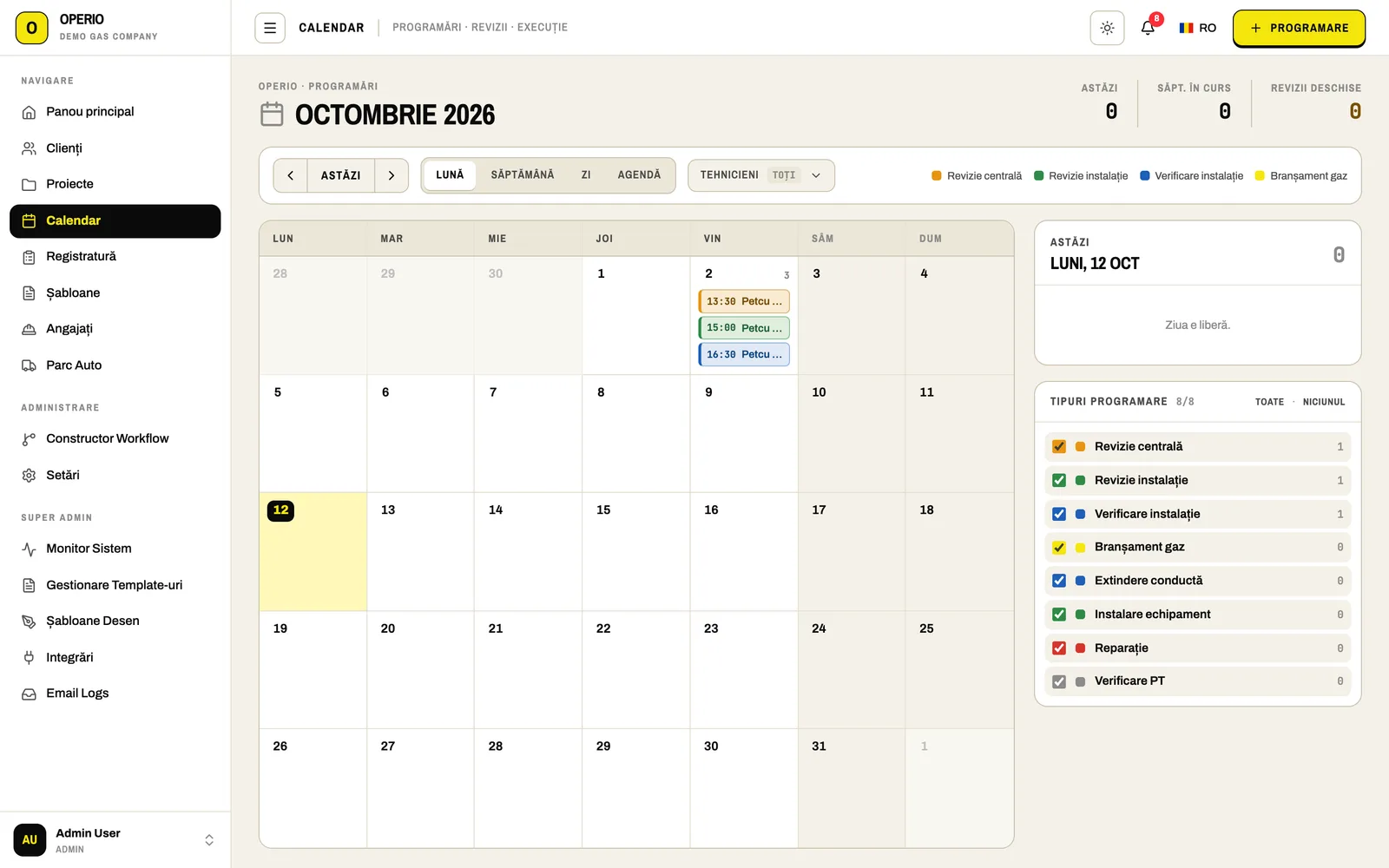 Operio calendar for October, with appointments colour-coded by job type