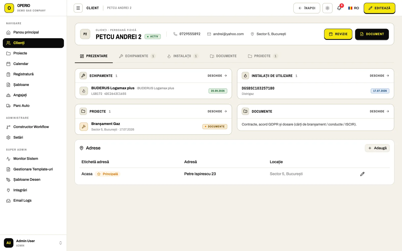 A client record in Operio: equipment, installations, projects, documents and addresses