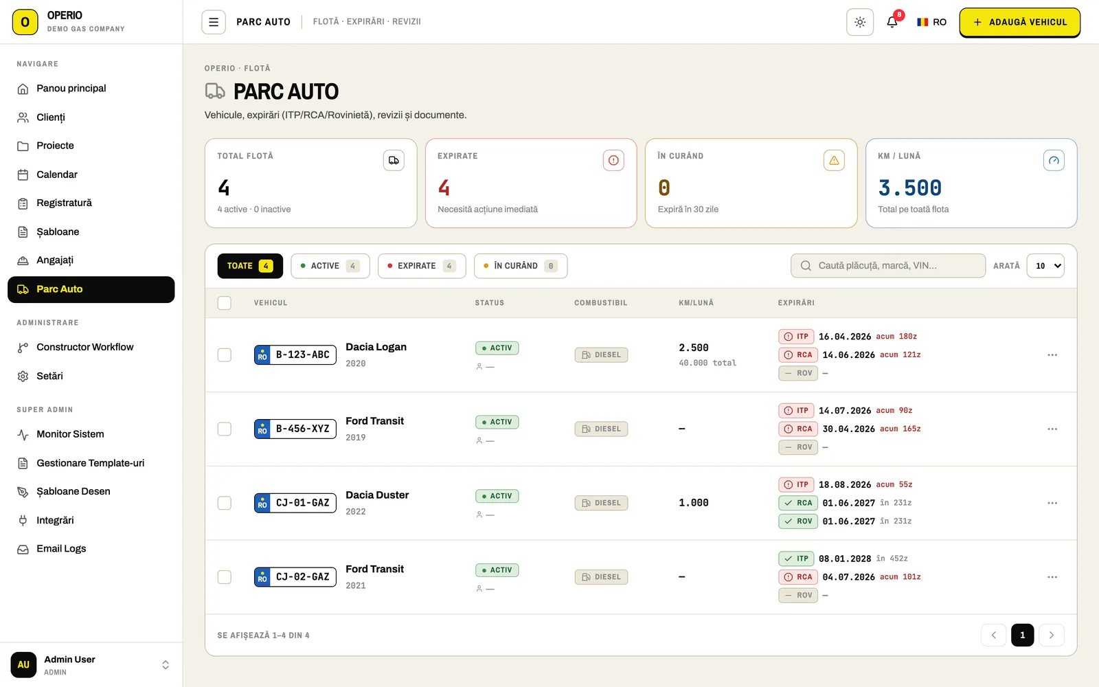 Fleet page in Operio: vehicles with ITP, RCA and road tax expiry dates
