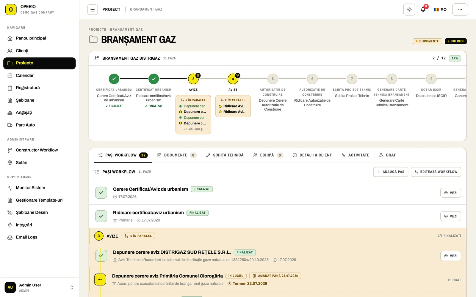 A gas connection project in Operio with the Distrigaz workflow phases and permits requested in parallel