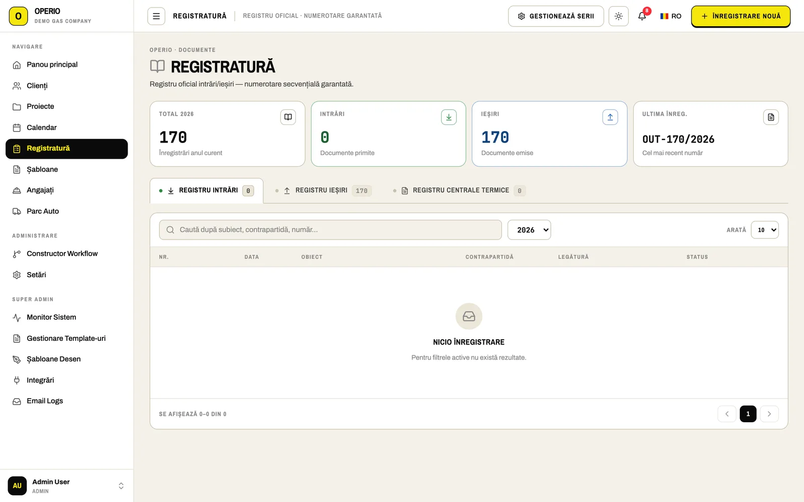 Operio register: incoming, outgoing and boiler registers, latest number OUT-170/2026